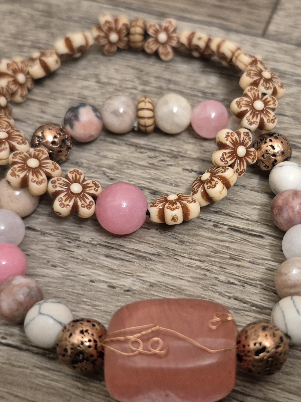 Copper Wrapped Rose Quartz Braclet Set!
